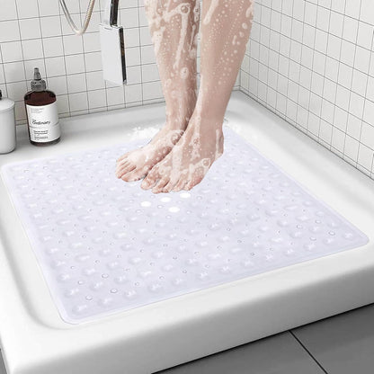 ASelected Shower Mat,53X53 Cm Square Shower Mat,Non Slip Square Bath Mat With Anti-Slip Suction Cup and Drain Holes (Clear)