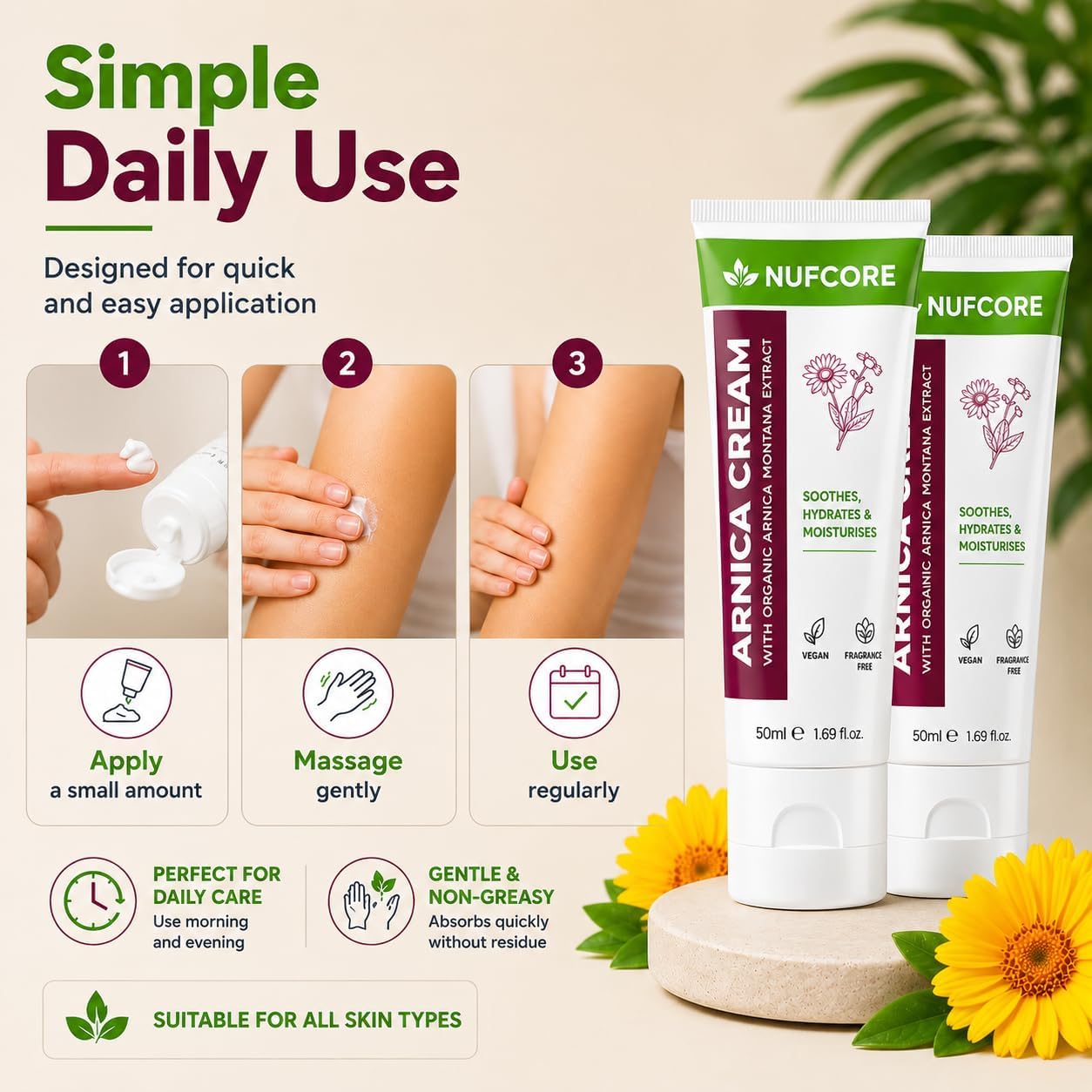 Arnica Cream – 2 x 50ml Twin Pack | Organic Arnica Montana Extract, Almond Oil &amp; Cocoa Butter | Fast Absorbing, Soothing &amp; Moisturising