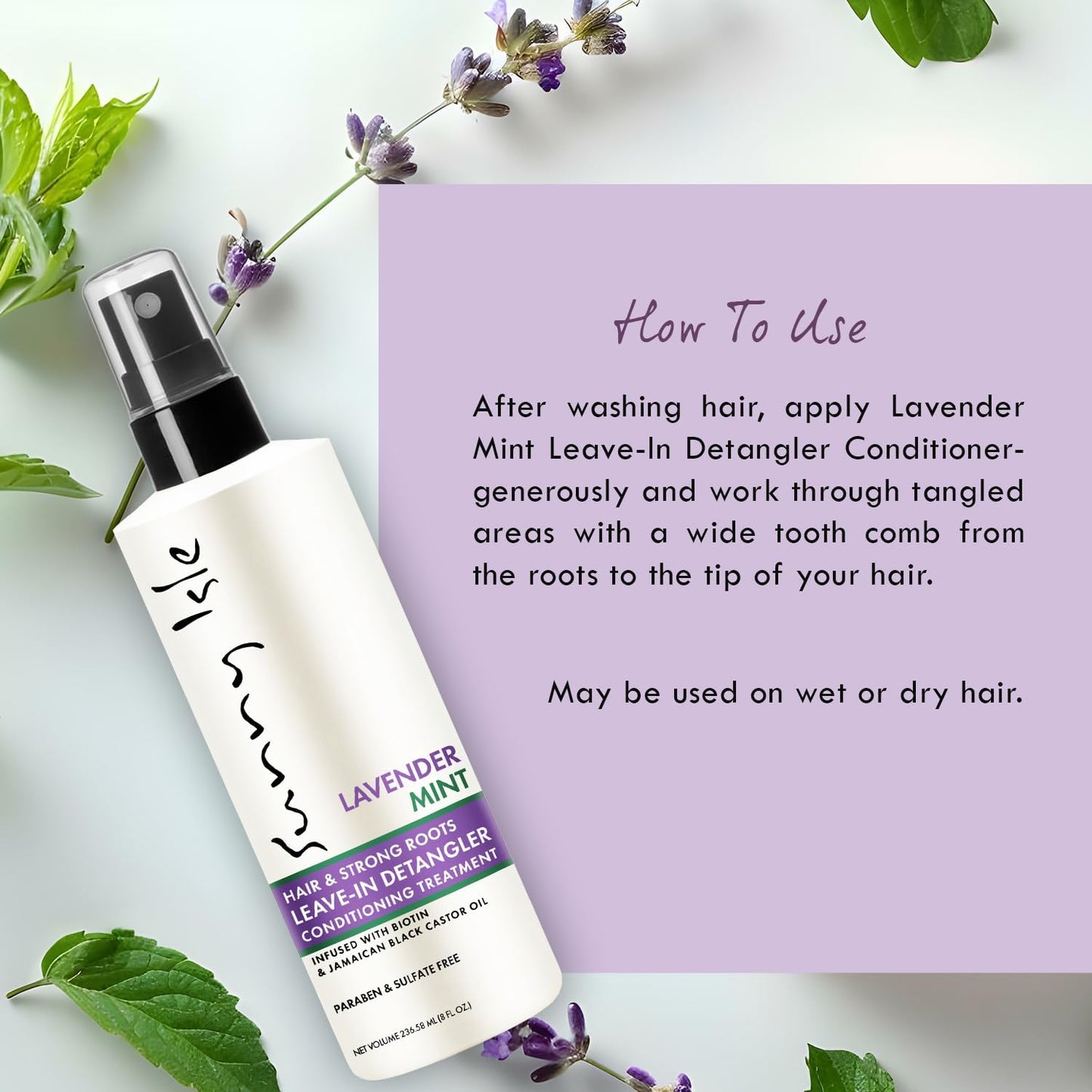 Sunny Isle Lavender Mint Hair &amp; Strong Roots Leave-In Detangler Conditioner 8oz, Jamaican Black Castor Oil &amp; Biotin, Detangling Spray for Breakage, Frizz, Dry Hair &amp; Shine