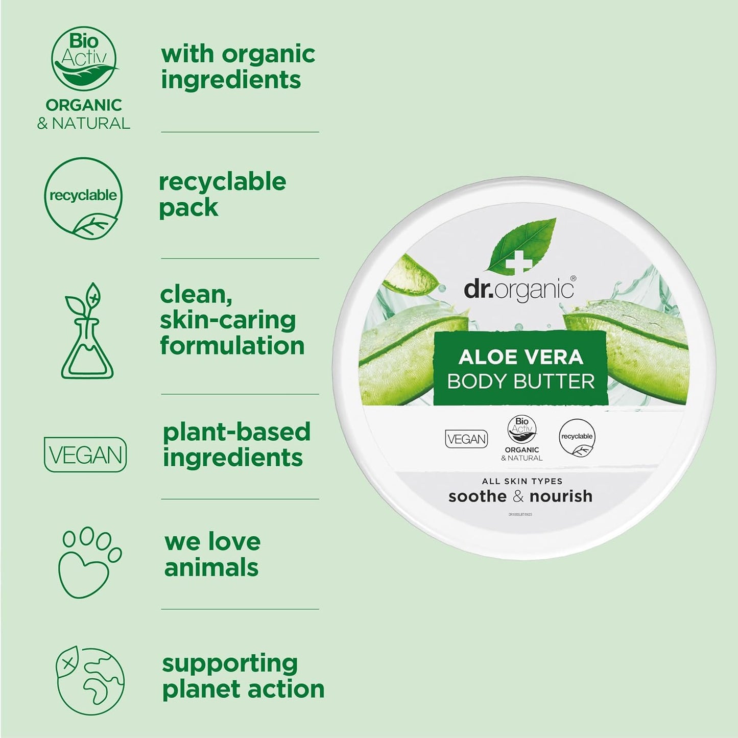 Dr Organic Aloe Vera Body Butter, Soothing, Moisturising, All Skin Types, Natural, Vegan, Cruelty-Free, Paraben &amp; SLS-Free, Organic, 200ml, Packaging may vary