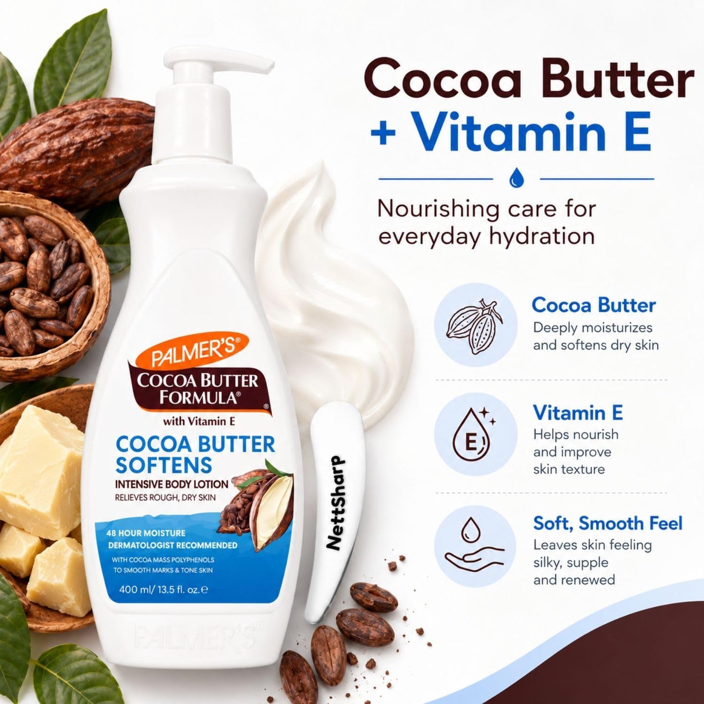 Palmer's Cocoa Butter Body Lotion 400ml with Pump and Cosmetic Spatula – Daily Moisturiser with Vitamin E for Dry Skin – 48Hr Hydration, Smoothes Marks and Evens Skin Tone