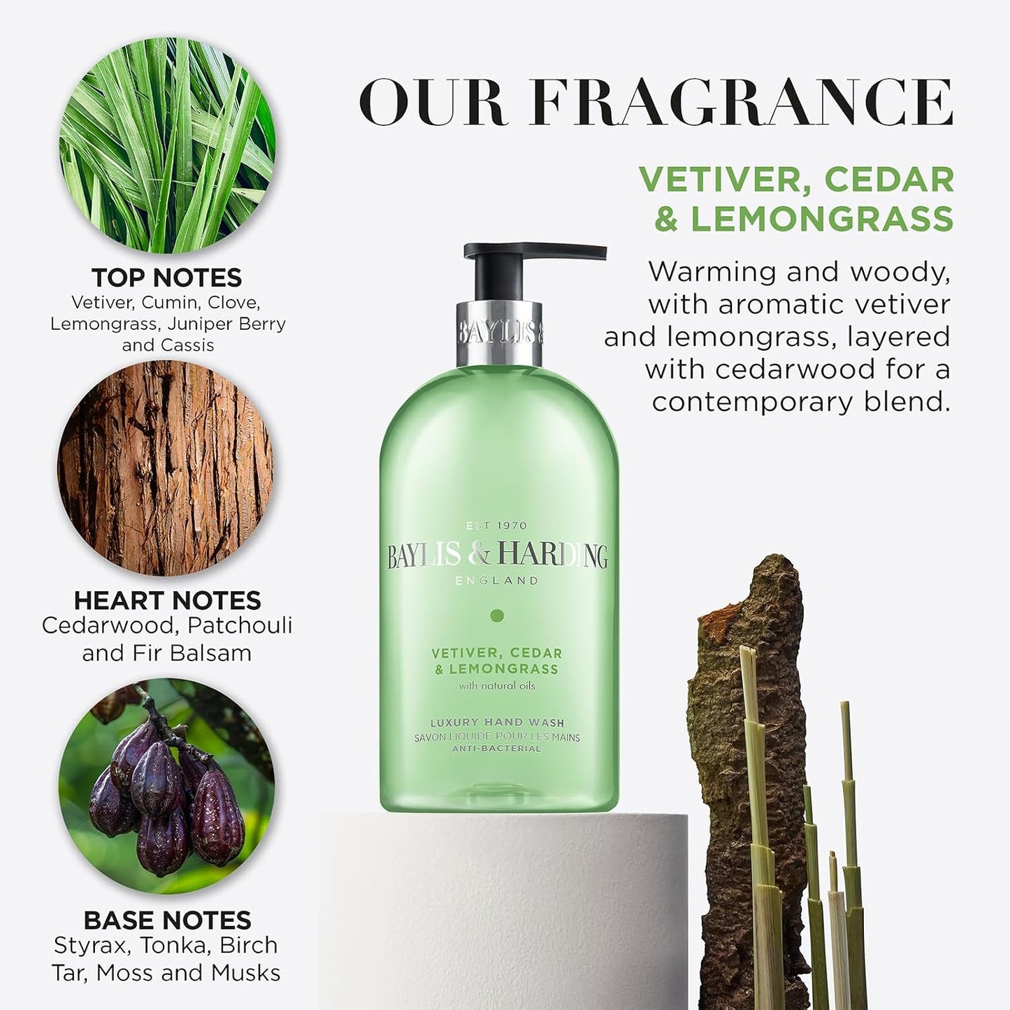 Baylis &amp; Harding Signature Vetiver, Cedar &amp; Lemongrass Anti-Bacterial Hand Wash 500ml (Pack of 3) - Vegan Friendly