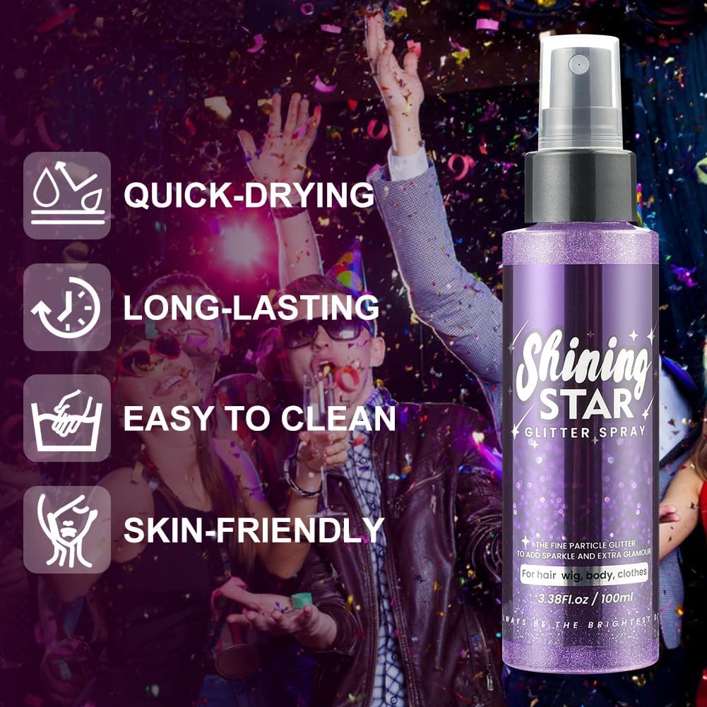 LOPHE Glitter Spray, Body Face Hair Glitter for Women, Sparkle Shimmer Shiny Powder, Holographic Spray, Quick Dry Hairspray for Makeup Festival Carnival, Purple