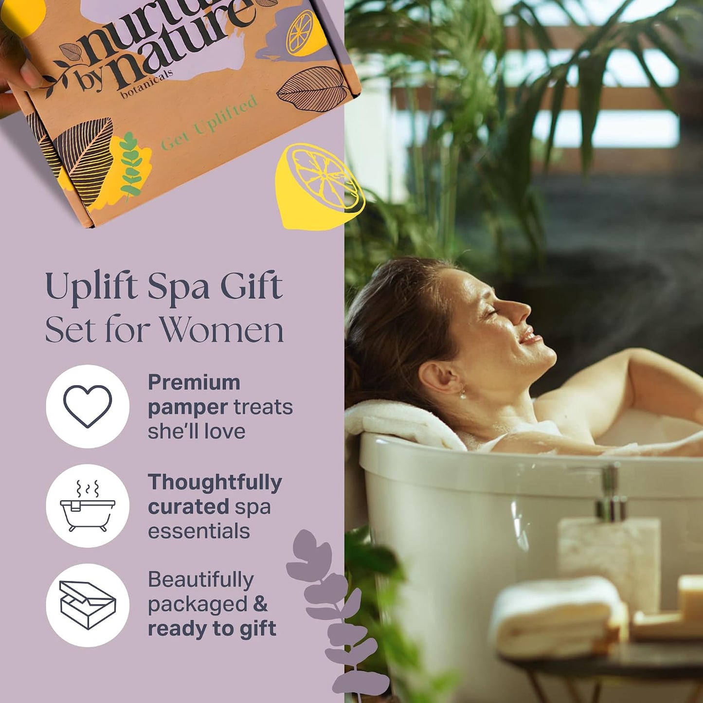 NURTURE BY NATURE Spa Gift Set – 6 Piece Uplifting Pamper Gift Set for Women with Soap, Body Scrub, Hand Cream &amp; Candle – Vegan - Valentines Gifts for Her, Mothers Day Gifts, Self Care Birthday Gift