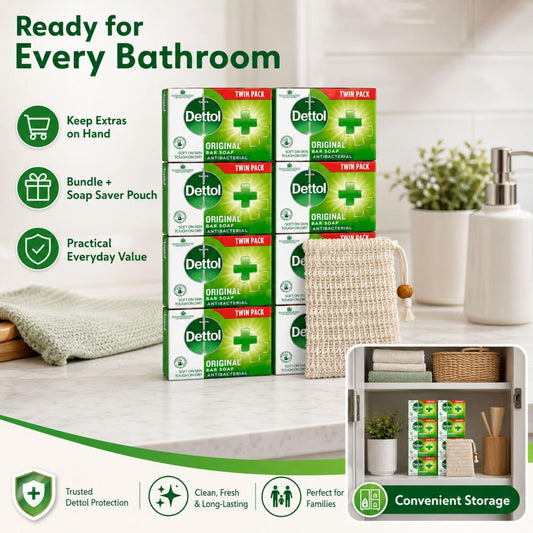 Dettol Soap Original Antibacterial Bar - 4 Twin Pack, 8 x 100g Antibacterial Hand &amp; Body Soap Bar – Disinfects and Kills 99.99% of Germs, Ideal for Handwashing and Cleansing