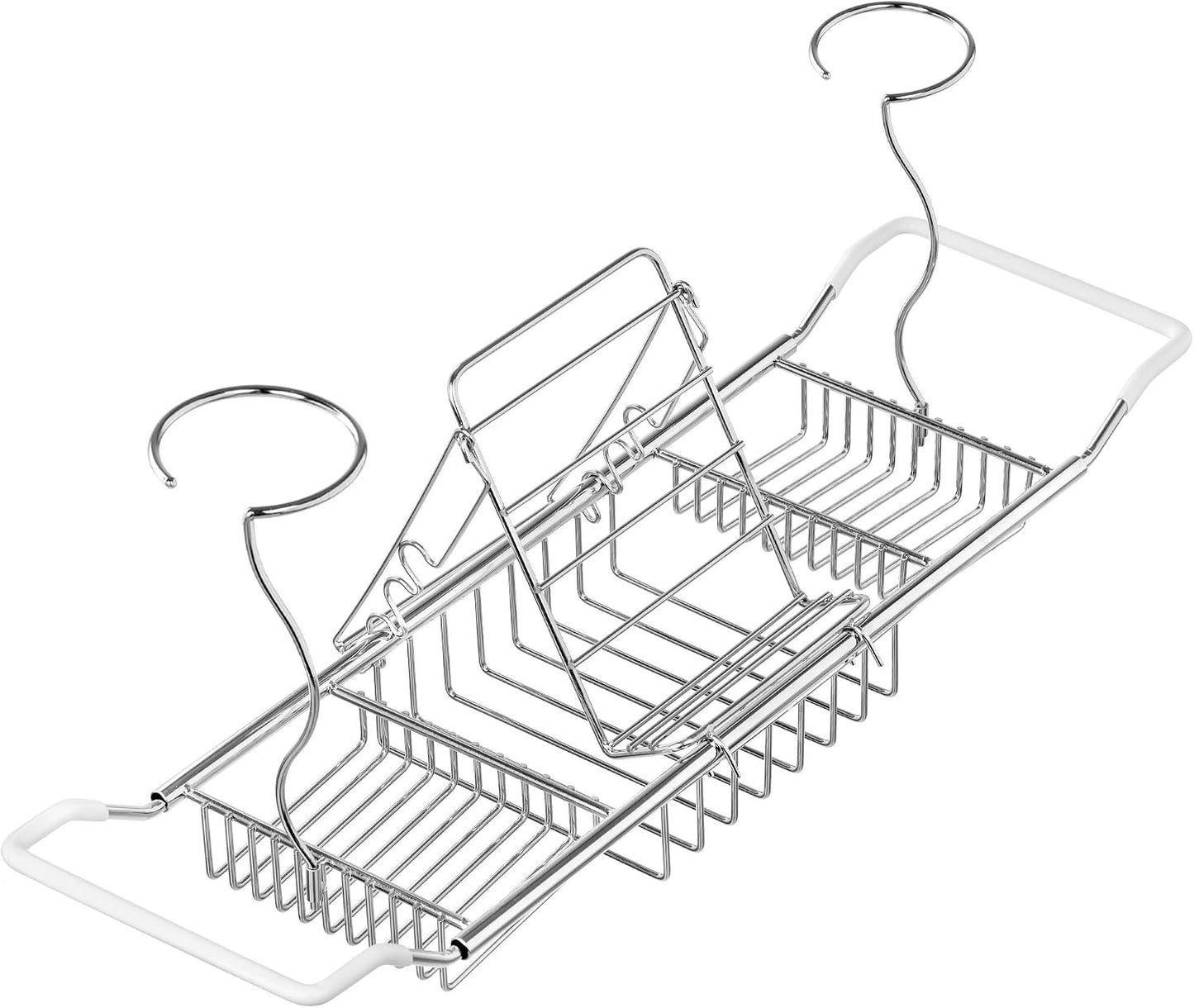 iPEGTOP Extendable Bathtub Caddy Tray - 304 Stainless Steel Over Bath Tub Racks Shower Organizer, with Removable Wine Glass Holders and Book Holder