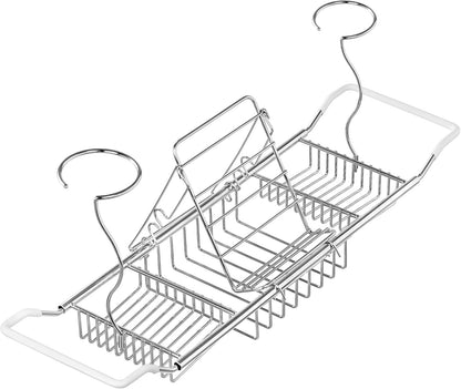 iPEGTOP Extendable Bathtub Caddy Tray - 304 Stainless Steel Over Bath Tub Racks Shower Organizer, with Removable Wine Glass Holders and Book Holder
