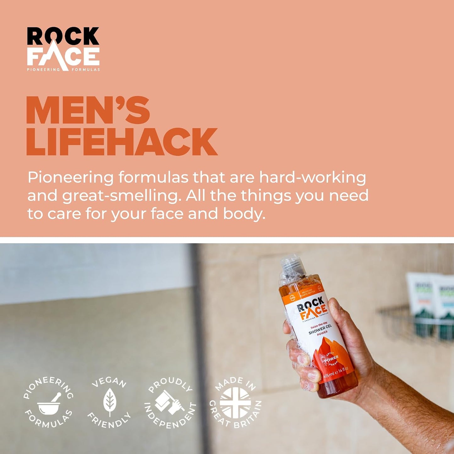 Rock Face Shower Gel - Power All In One Body Wash for Men, 410ml, Spicy Oriental Scent, Suitable for Hair and Body, Long Lasting Fragrance