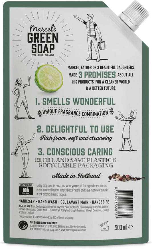 Marcel's Green Soap - Hand Soap Refill Black Pepper &amp; Bergamot - Handwash Dispenser Refill - Microplastic-free formula - Vegan - Packaging recyclable - 500 ml