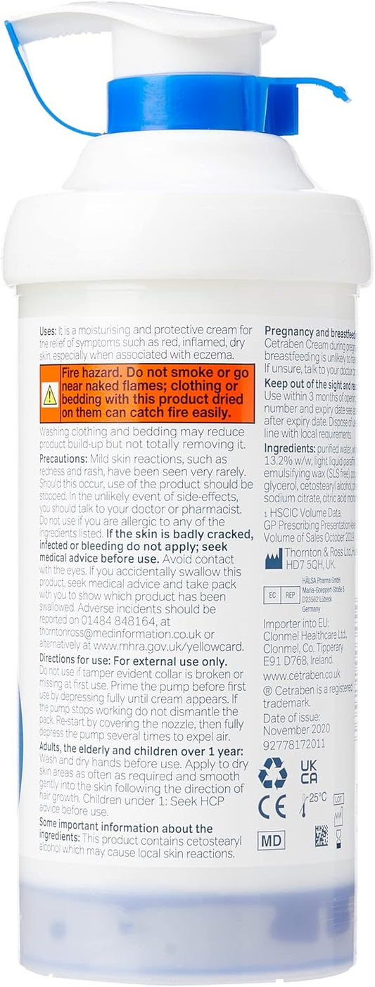 Cetraben Dermatological Emollient Cream, Dry or Chapped Skin, SLS and Paraben Free, Fragrance Free, 500 g