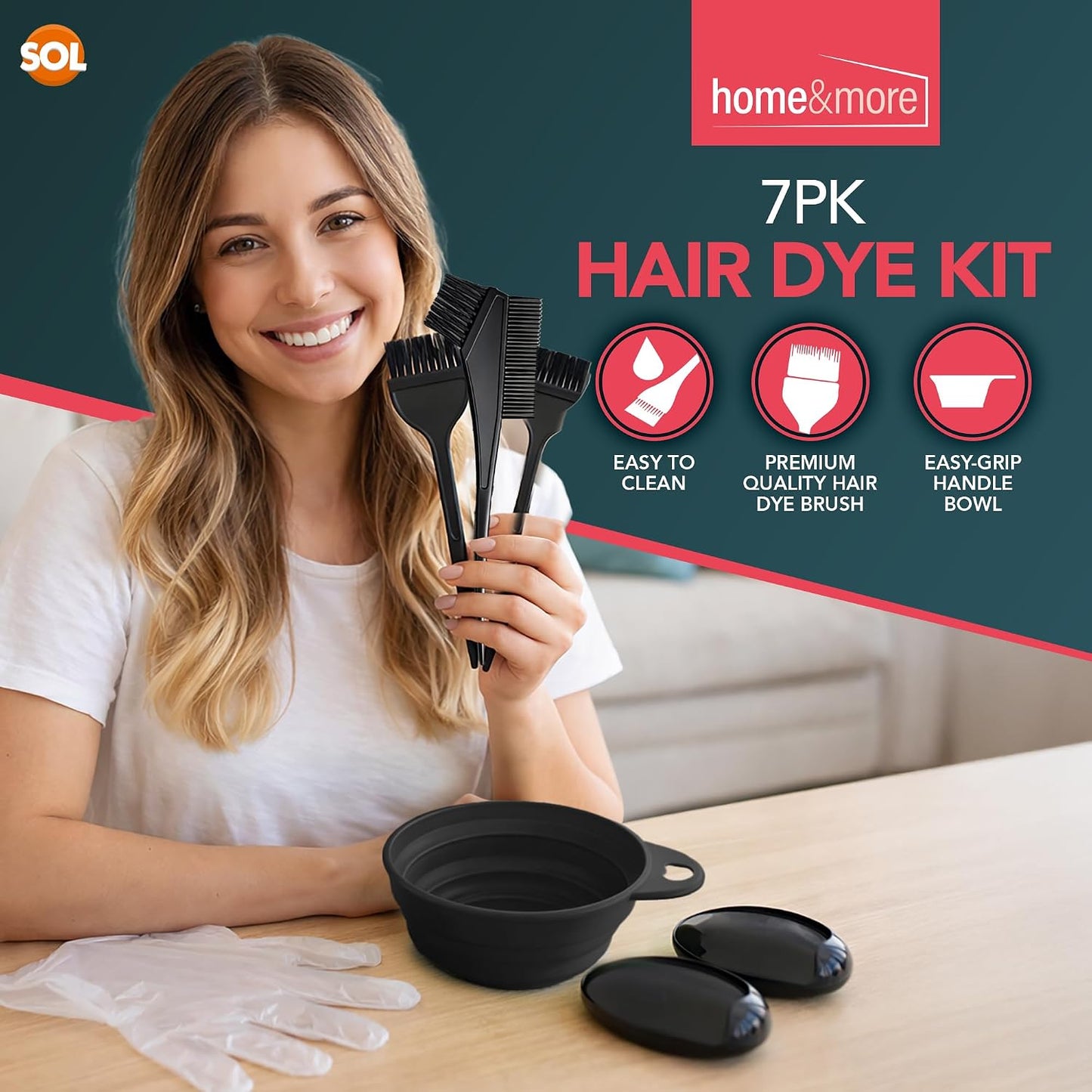 SOL 7pcs Hair Dye Bowl and Brush Kit - Complete Set for At-Home Hair Colouring - Includes Mixing Bowl, Brushes, Protective Glove, Ear Covers - Smooth Easy-Grip Design, Reusable and Easy to Clean Tools