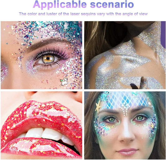URAQT Holographic Mermaid Sequins Chunky Cosmetic Glitter Face and Body Gel, Sparkling Festival Party Lotion for Face, Body, Eye, Hair, Nail Makeup and DIY Art (Silver)