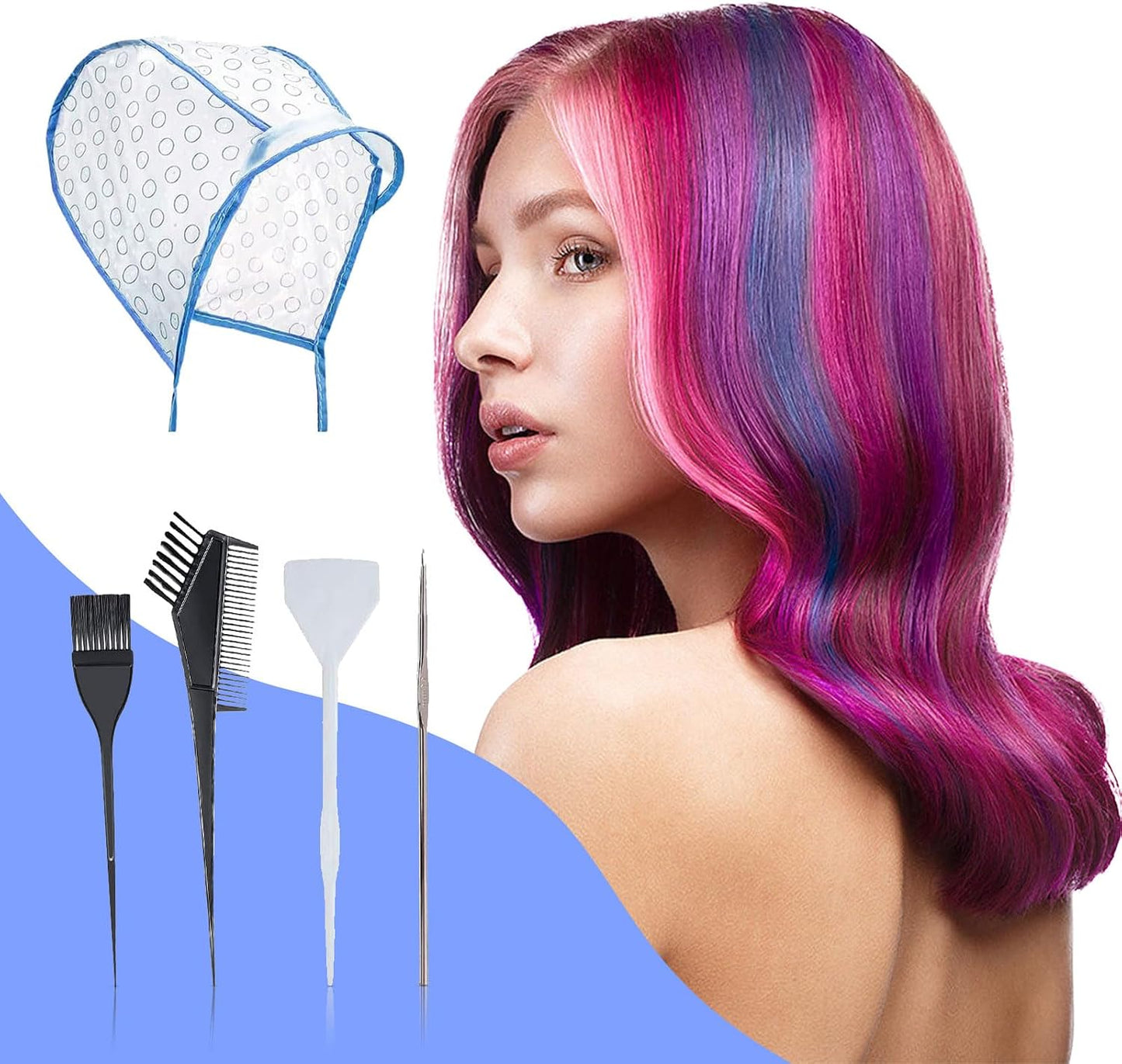SKHAOVS 15 Pcs Hair Highlighting Kit, 4 Hair Color Reusable Highlighting Caps with Coloring Hair Hook Hair Dye Comb Hair Dye Brushes Shawl Gloves Frosting Cap (Blue)