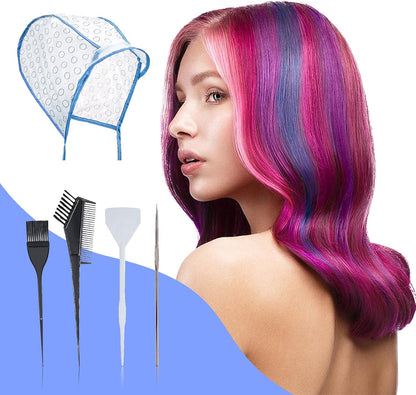SKHAOVS 15 Pcs Hair Highlighting Kit, 4 Hair Color Reusable Highlighting Caps with Coloring Hair Hook Hair Dye Comb Hair Dye Brushes Shawl Gloves Frosting Cap (Blue)