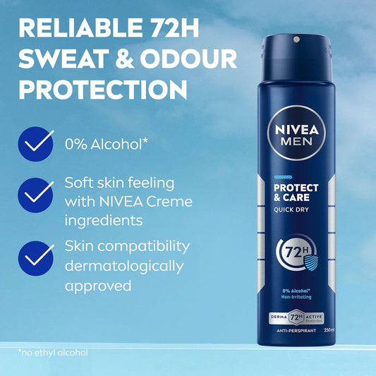 NIVEA Men Protect &amp; Care Spray (6 x 250ml), Anti-Perspirant for 72H Protection, Gentle and Effective Deodorant Free From Alcohol