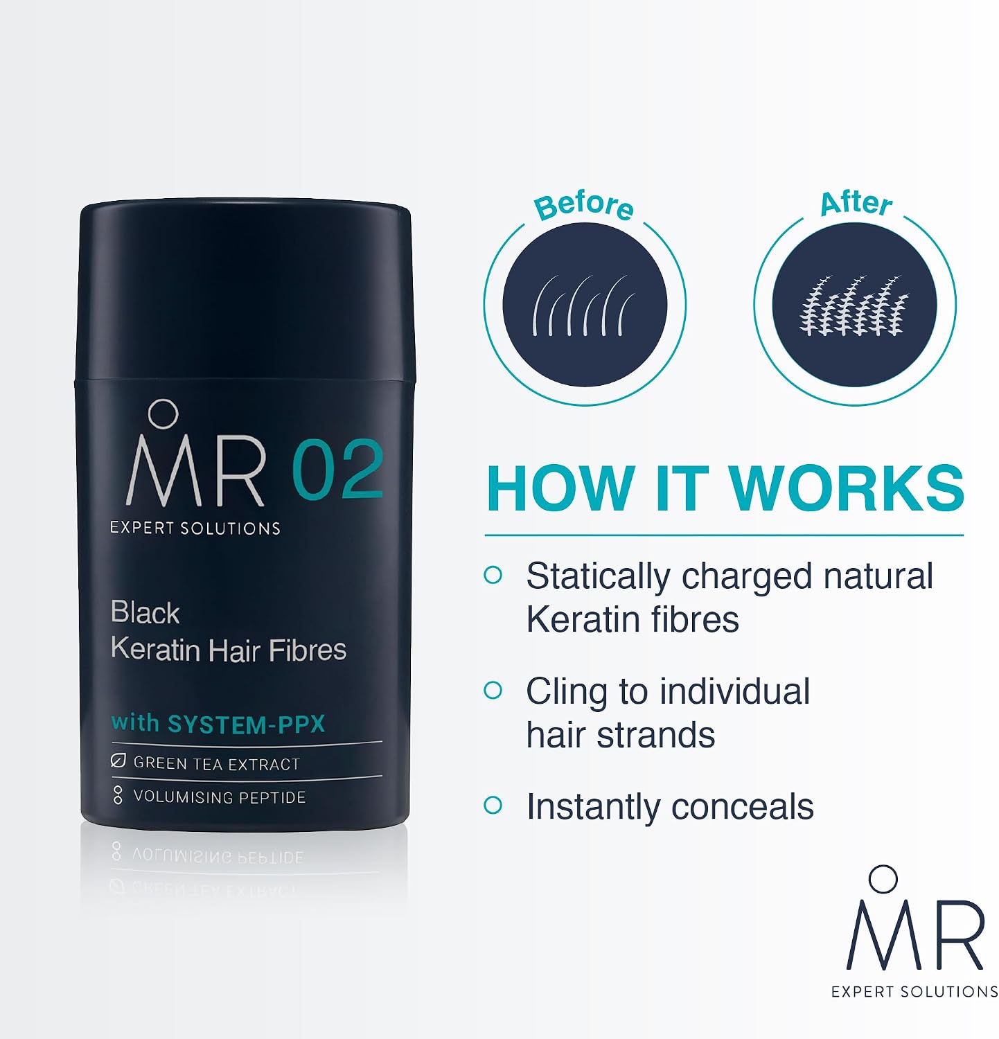 MR Hair Fibres Black 15g – Thinning Hair Concealer for Men, Instant Thickening Powder for Bald Patches, Natural Fuller Look, Keratin Formula, Paraben Free