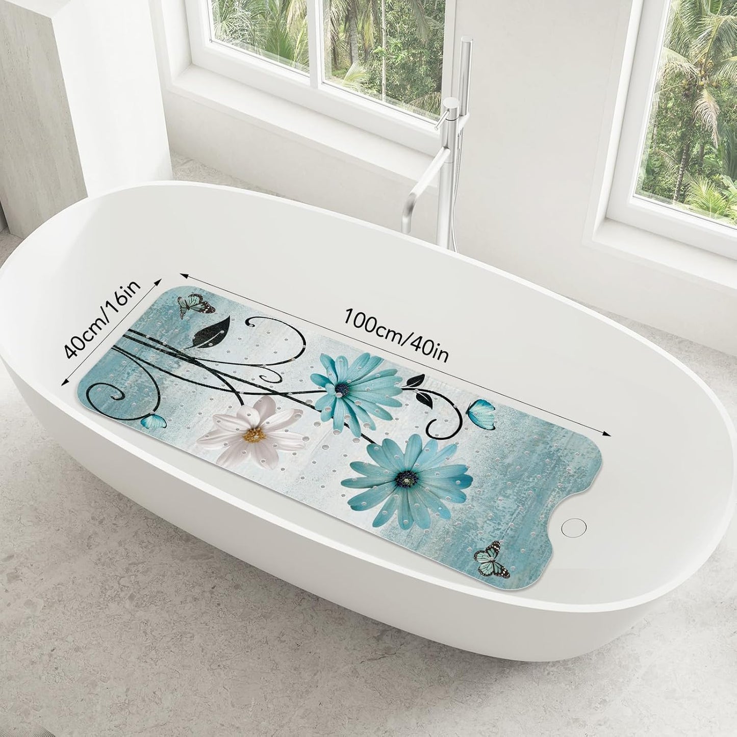 SHUCHING Turquoise Daisy Flower Bath Mat Non Slip Anti Mould, 100 X 40 cm Extra Long Bathtub Mat Anti Slip, Shower Mat Non Slip Anti Mould for Bathroom Machine Washable