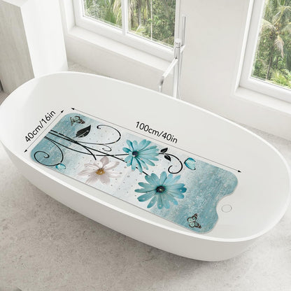 SHUCHING Turquoise Daisy Flower Bath Mat Non Slip Anti Mould, 100 X 40 cm Extra Long Bathtub Mat Anti Slip, Shower Mat Non Slip Anti Mould for Bathroom Machine Washable