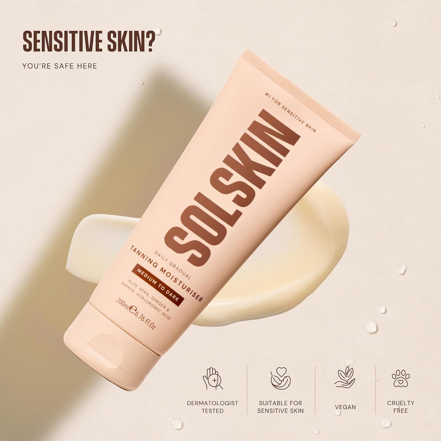 SOLSKIN Gradual Medium-Dark Tanning Moisturiser with Aloe, Hyaluronic Acid &amp; Vitamin E, Hydrating Daily Body Lotion for Sensitive Skin, Buildable, Gradual Tan, Streak-Free, Vegan &amp; Non-Greasy, 200 ml
