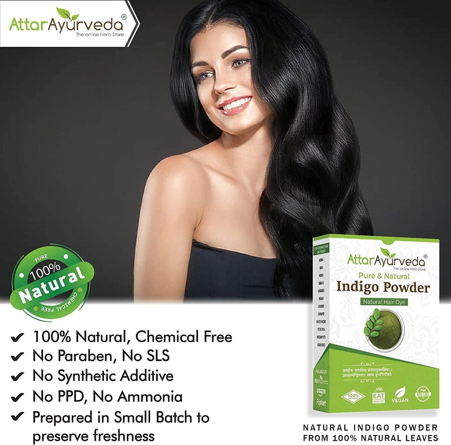 Attar Ayurveda Natural Indigo Powder 200g, 100% Pure Hair Dye, Chemical-Free Herbal Colour for Black &amp; Dark Brown Hair, Ammonia-Free, PPD-Free, Vegan Organic Hair Colouring Powder
