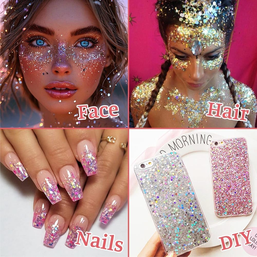 Body Glitter Gel, 18ml Chunky Face Glitter Gel Holographic Mermaid Sequins Sparkling Festival Party Lotion for Face, Eye, Hair, Nail Makeup and DIY Art (Gold)