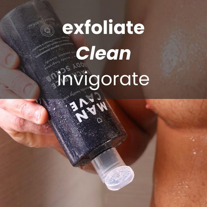 ManCave Blackspice Mens Body Scrub, 500 ml, Body Wash, Natural Formulation, Vegan, Eco-Conscious and Cruelty-Free, Warm &amp; Woody Shower Gel for Men with Pumice, Charcoal, Body Wash for Men