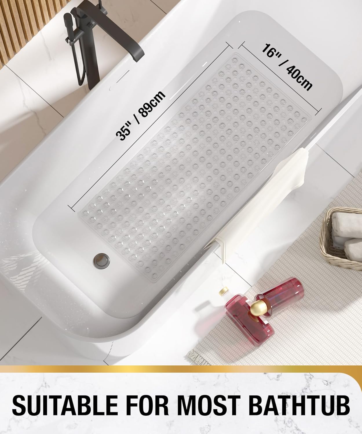 HITSLAM Bath Mat Non Slip Anti Mould, 89 x 40 cm Long Non Slip Shower Mat for Inside Shower, Machine Washable Bathroom Bathtub Mat with Strong Suction Cups and Drain Holes, Soft on Feet, Clear