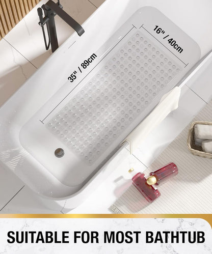 HITSLAM Bath Mat Non Slip Anti Mould, 89 x 40 cm Long Non Slip Shower Mat for Inside Shower, Machine Washable Bathroom Bathtub Mat with Strong Suction Cups and Drain Holes, Soft on Feet, Clear