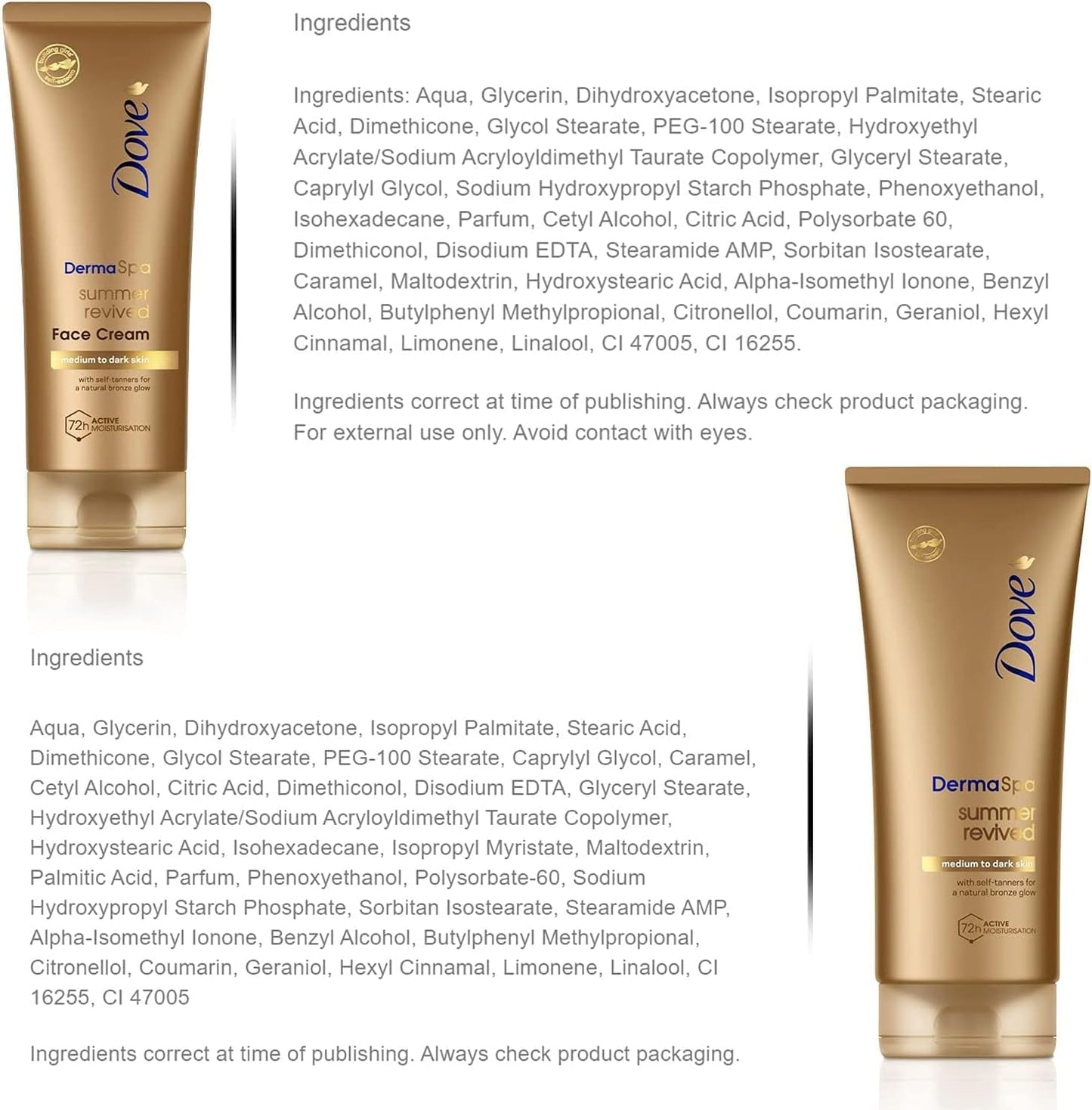 Dove Unilever DermaSpa Body Lotion Summer Revived Self-Tanning Medium to Dark, 200ml with Dove Derma Spa Face Cream Summer Revived Medium to Dark, 75ml, 2 Piece Set