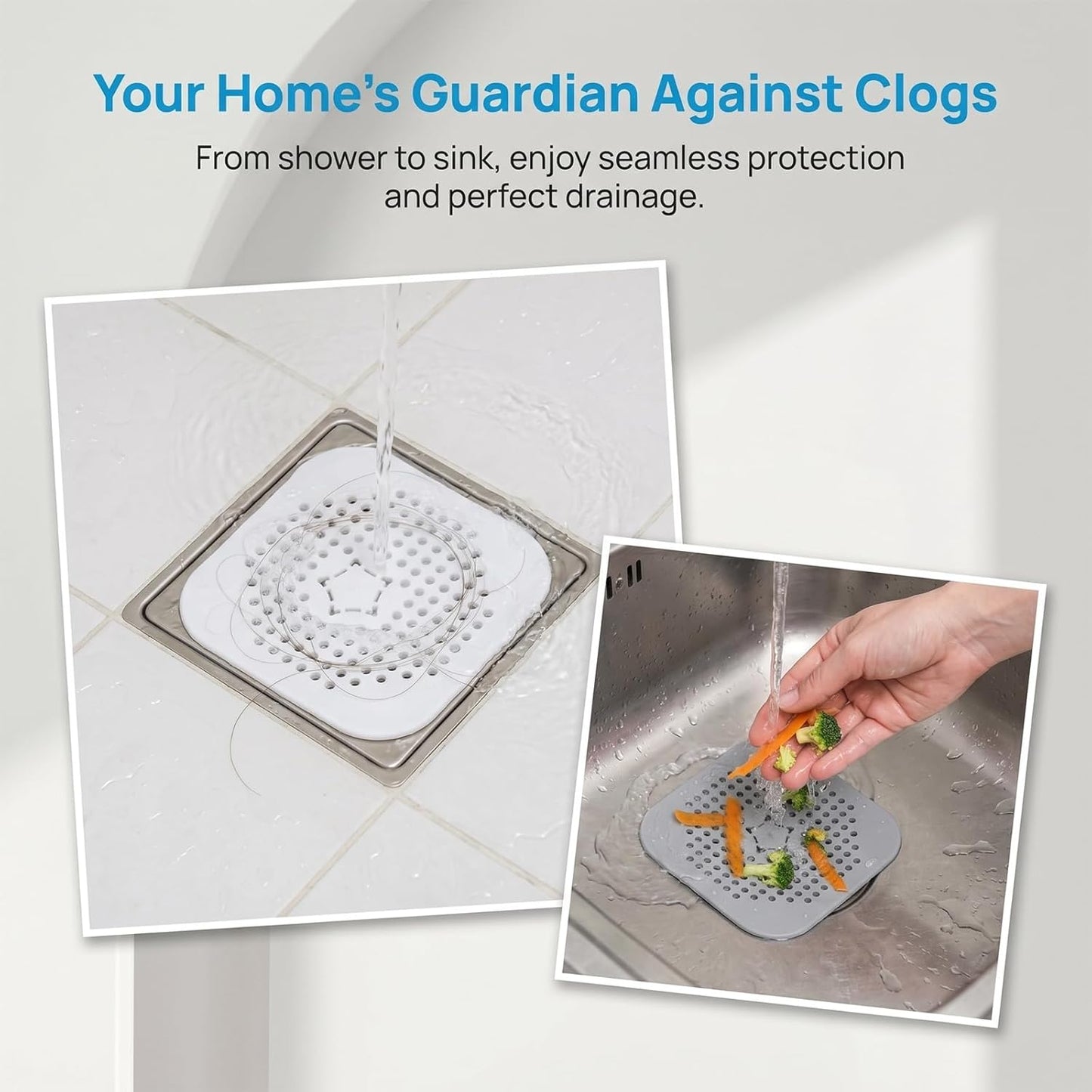 Silicone Drain Protector with Suction Cup, Shower Drain Cover Hair Catcher, Sink Strainer Hair Stopper Filter for Bathroom, Bathtub &amp; Kitchen Sink (2, WhiteGrey)
