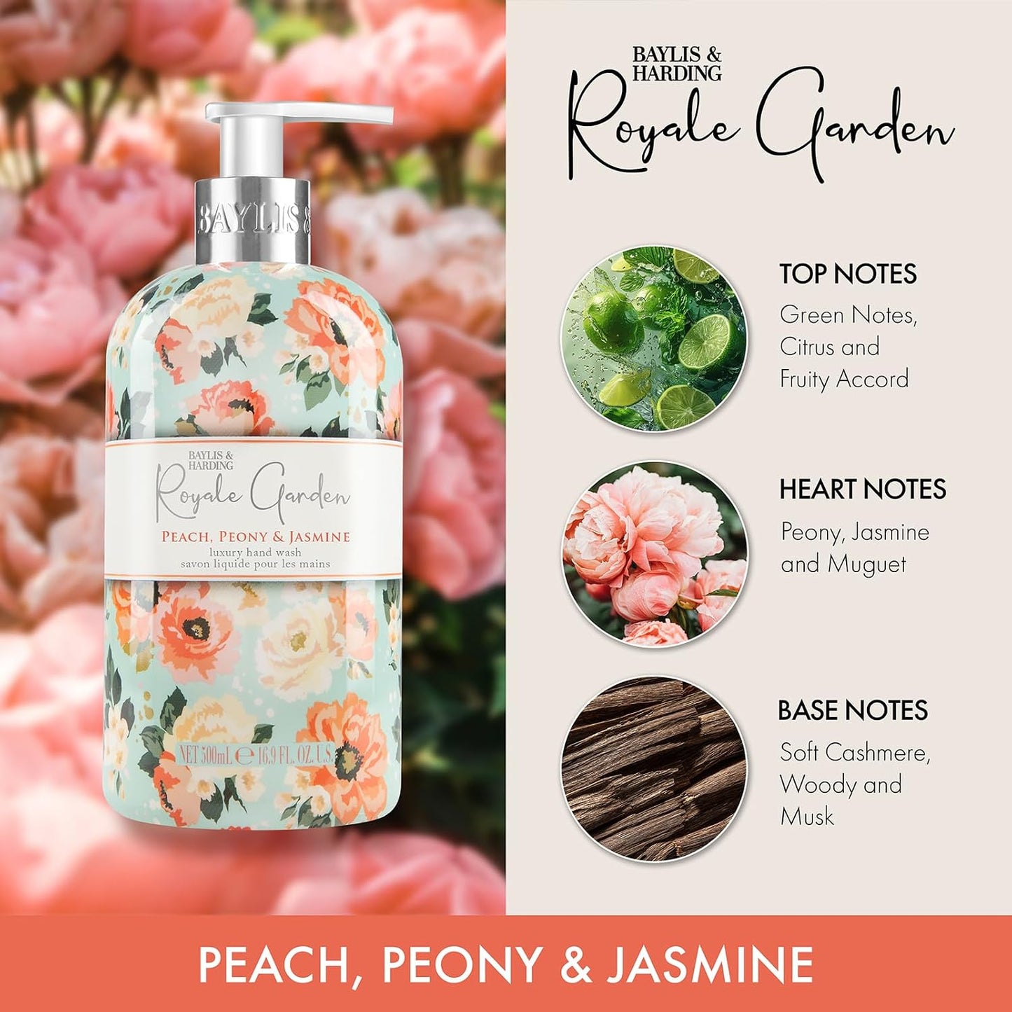 Baylis &amp; Harding Royale Garden Peach Peony &amp; Jasmine Hand Wash 500ml,pack of 6