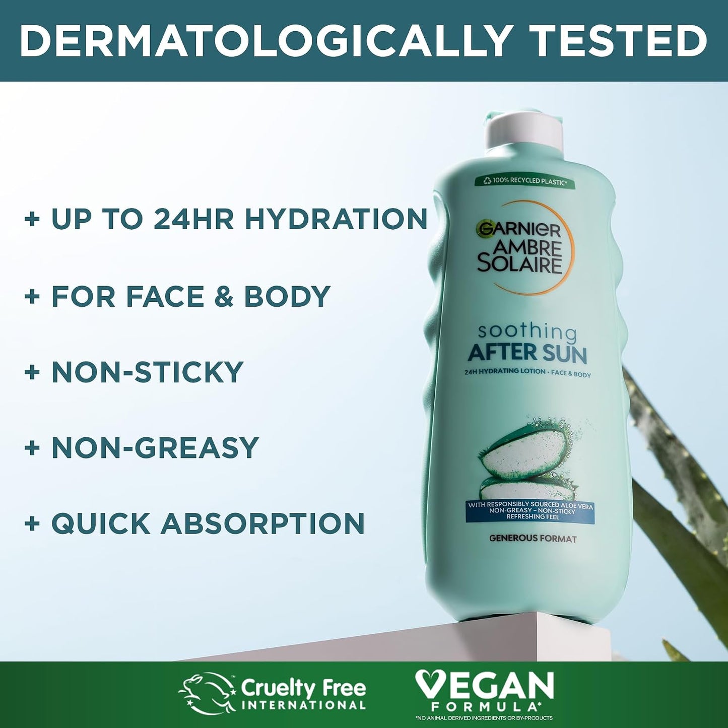 Garnier Ambre Solaire After Sun Lotion, for Face &amp; Body, with Naturally Derived Aloe Vera, Intensely Rehydrates Skin, Instant Cooling Effect, Approved by Cruelty Free International, 400 ml