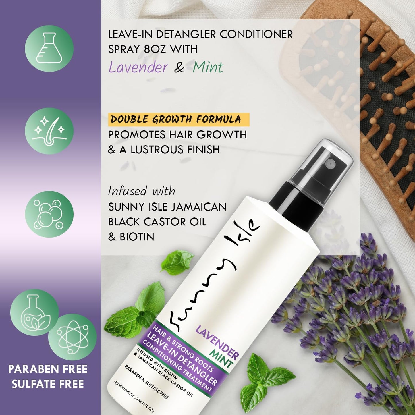 Sunny Isle Lavender Mint Hair &amp; Strong Roots Leave-In Detangler Conditioner 8oz, Jamaican Black Castor Oil &amp; Biotin, Detangling Spray for Breakage, Frizz, Dry Hair &amp; Shine