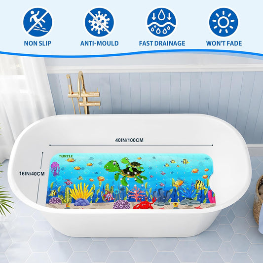 XIYUNTE Baby Bath Mats Non Slip Anti Mould - 100x40cm Extra Long Non Slip Bath Mat for Kids, Eco-Friendly Toddler Bath Mat with Suction Cups for Secure Grip, Easy to Clean &amp; Easy Drying, Sea Turtle