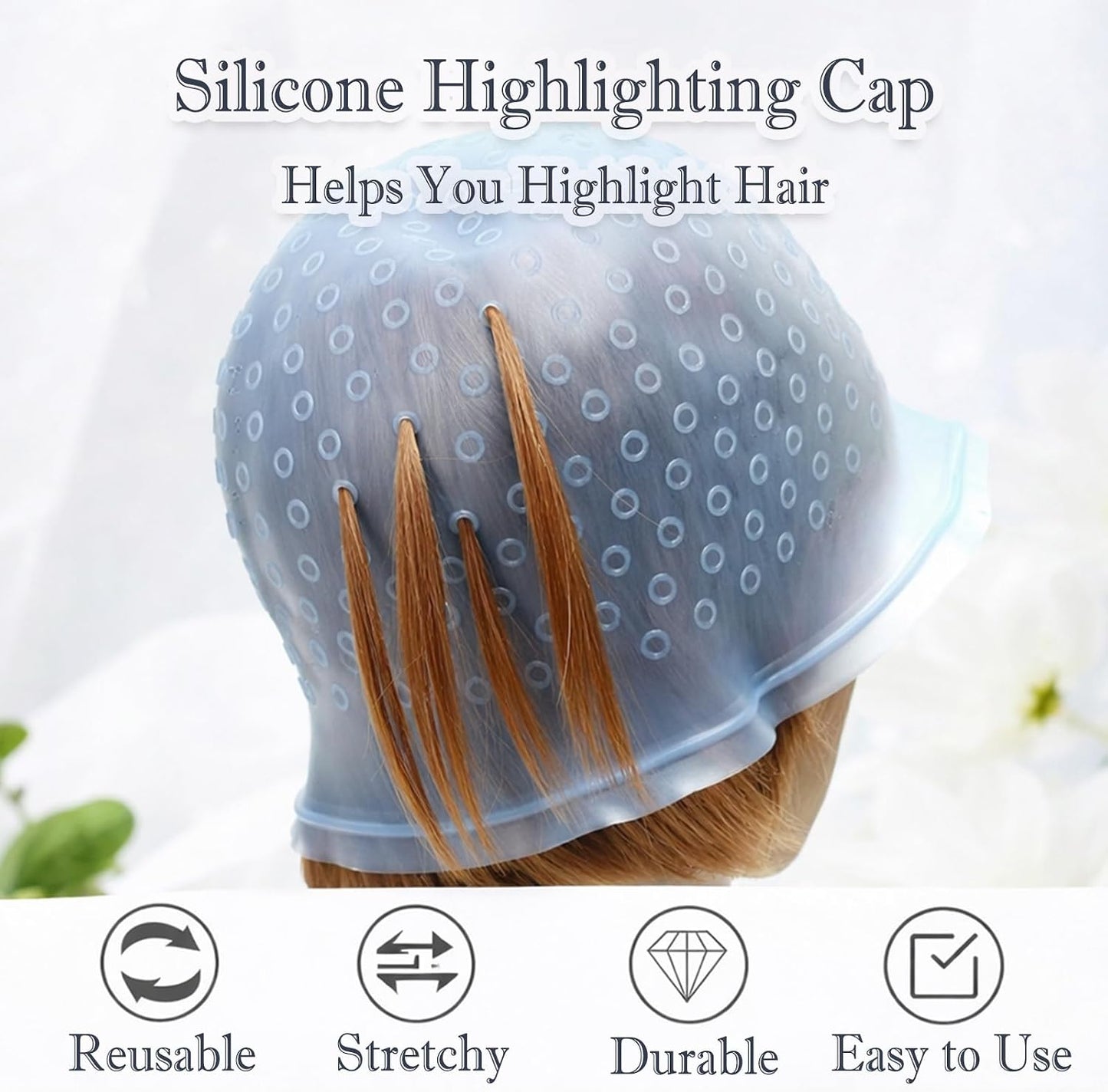 Punched Hole Silicone Highlighting Cap with Hook Needle Reusable Hair Dye Tool Kit — Precise Balayage Ombre Highlights Application for Salon and Home Use Durable Colour Tinting Hair Cap