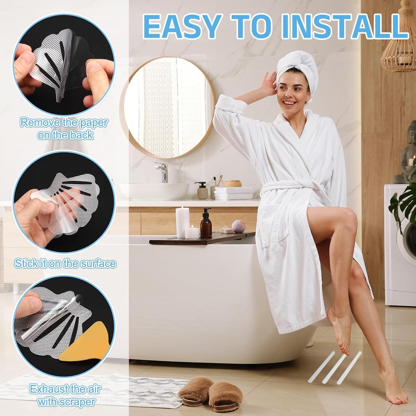 sourcing map 24Pcs Non-Slip Bathtub Stickers, 20x2 cm Strip Shape Shower Floor Non Slip Stickers with Scraper for Bathroom Shower Stairs Ladders, Blue