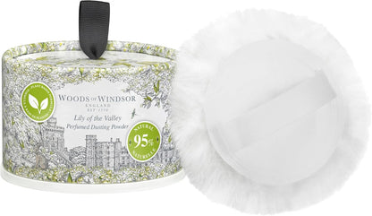 Woods of Windsor Lily of the Valley Dusting Powder with Body Puff Floral Talc Alternative Body Powder for Odour Control &amp; Chafing Prevention, 95% Naturally Derived, Vegan &amp; Cruelty Free 100g