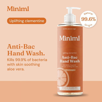 Miniml Anti-Bac Natural Hand Wash - Uplifting Clementine 400 ml, Kills 99.9% of Bacteria, 99.6% Natural, Vegan &amp; Cruelty-Free Liquid Soap for Sensitive Skin