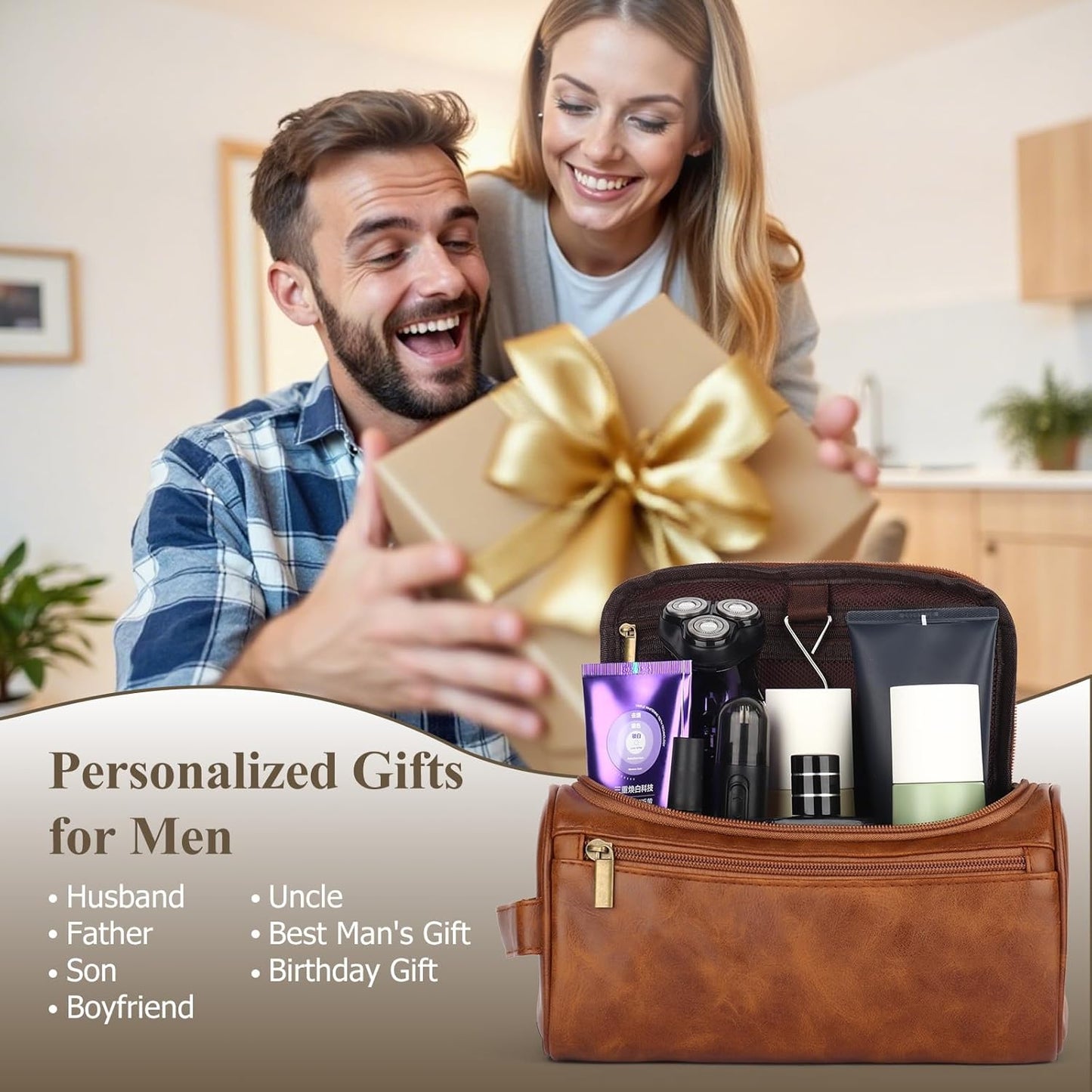 Mens Toiletry Bags,Personalised Gifts for Men Dad,Personalised PU Leather Mens Wash Bag with Initial Hanging Toiletry Bag Xmas Birthday Gifts (Initial-J, Light Brown)