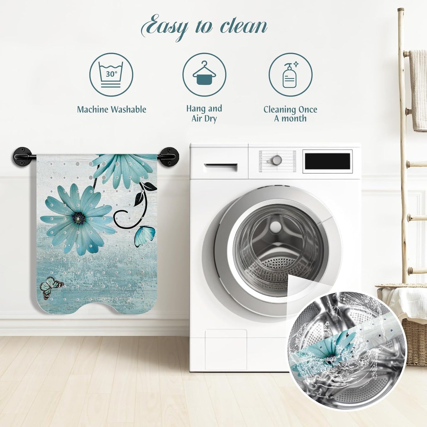 SHUCHING Turquoise Daisy Flower Bath Mat Non Slip Anti Mould, 100 X 40 cm Extra Long Bathtub Mat Anti Slip, Shower Mat Non Slip Anti Mould for Bathroom Machine Washable