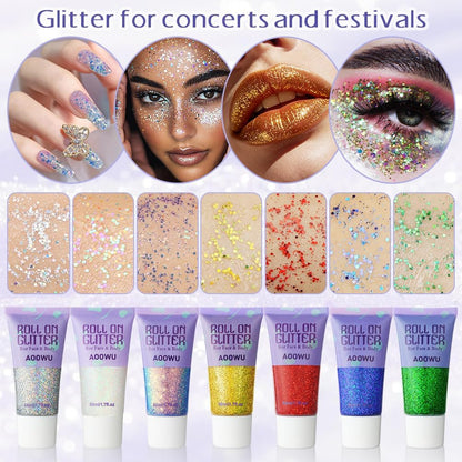 AOOWU Roll-on Body Glitter Gel,50ml Holographic Mermaid Sequins Small Glitter Face Body Gel,Sparkling Festival Party Lotion Glitter for Face Body Eye Hair Nail DIY Art,Vegan,Cruelty-Free,Red