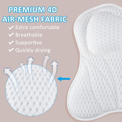 Bath Pillow, 4D Bath Pillows Spa Headrest with 6 Non-Slip Suction Cups for Neck, Back, and Shoulders, Quick-Drying Bath Accessories for Home Relaxation (White)