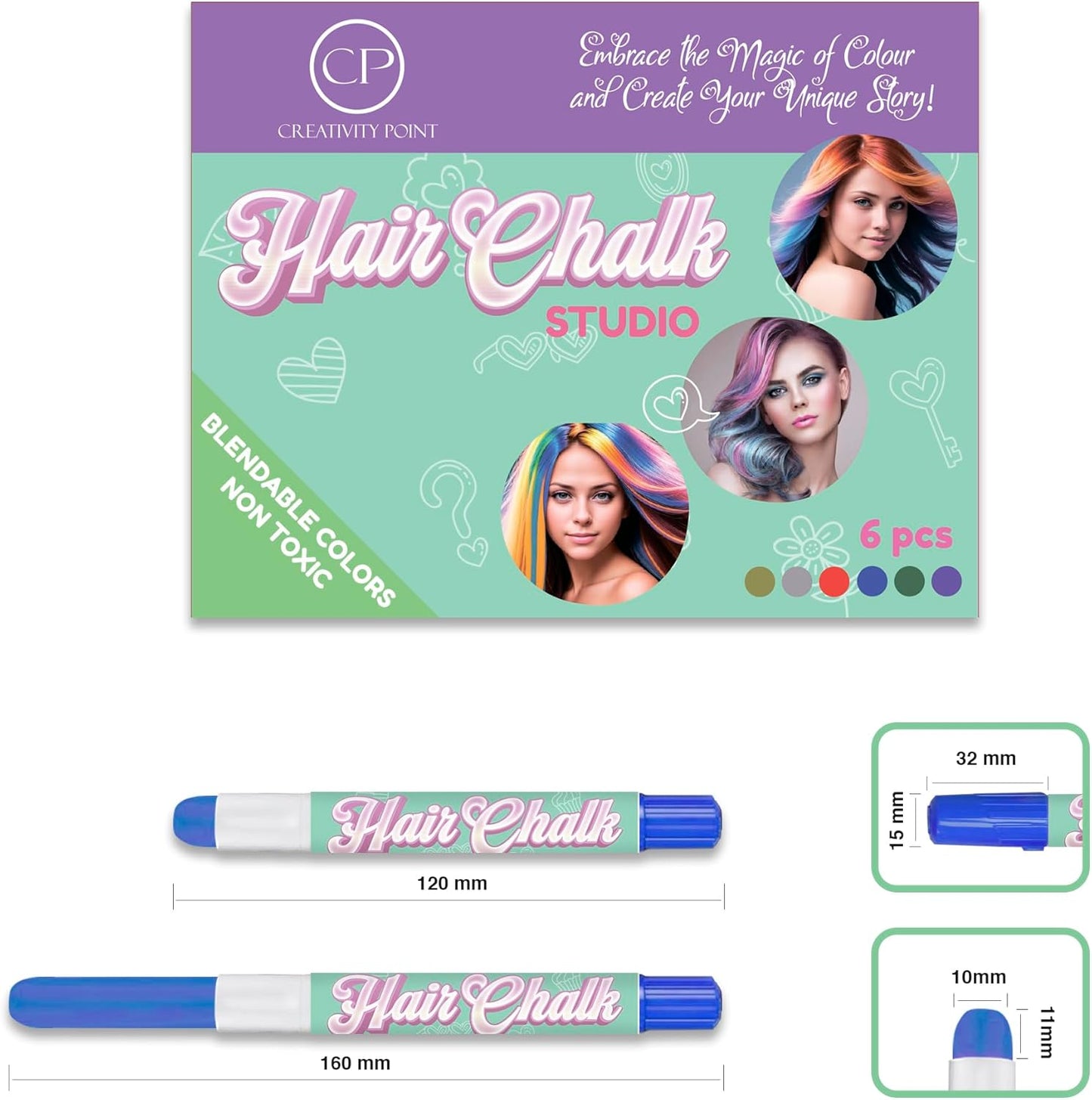 Hair Chalk Gift for Girls - 6 Pens Temporary Non-Toxic Easy Washable Hair Dye Colorful, Pens, Gift Birthday Party Girls, Metallic Colour