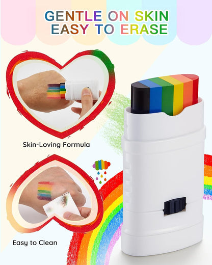 Rainbow Pride Makeup Kit - 1 Reusable Face Paint Sticks (100+ Uses) + 5 Tattoos | Gentle Formula for Sensitive Skin | LGBTQ+ Parade &amp; Festival Essentials