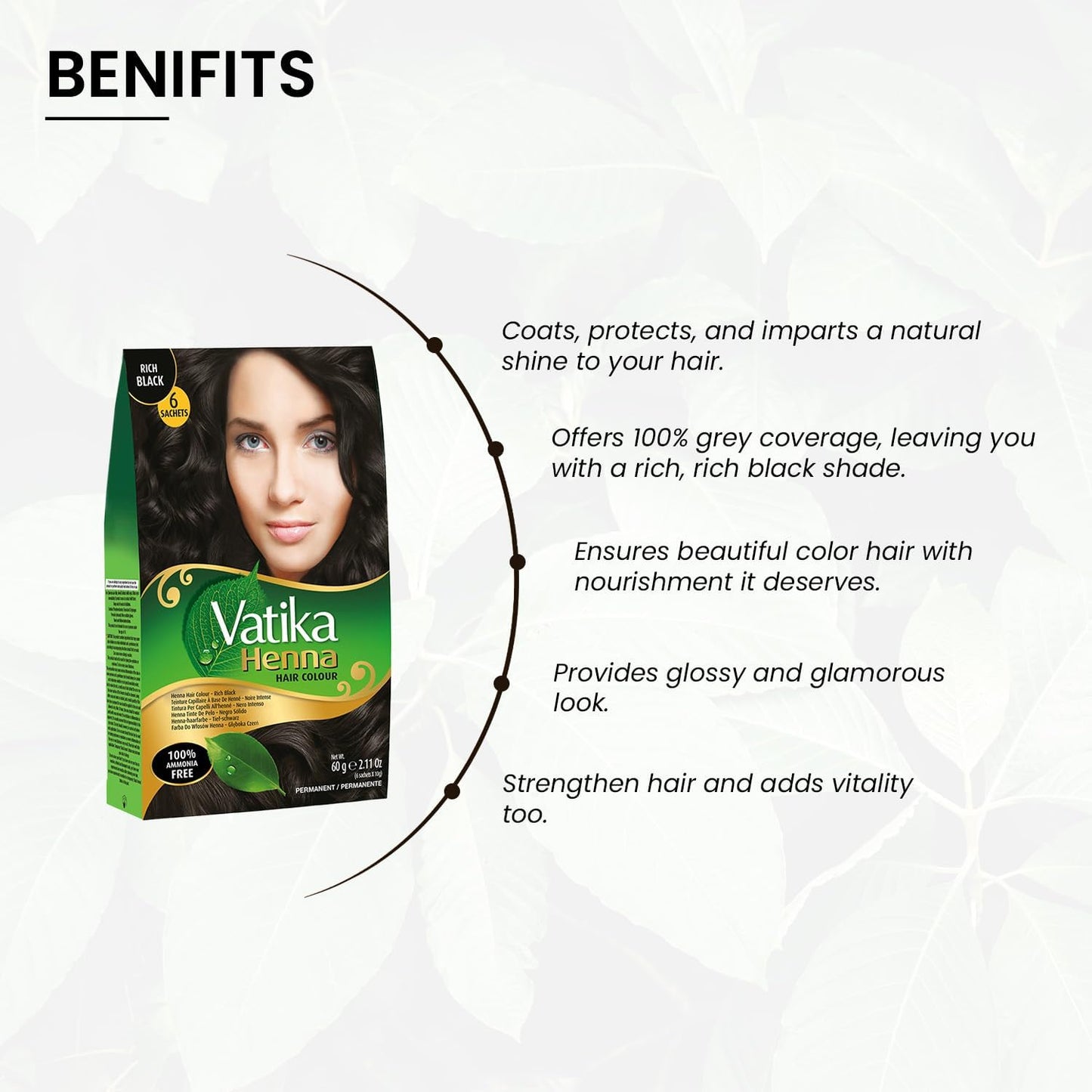 Vatika Henna Hair Colour Rich Black 100% Ammonia Free 6 x 10g Sachtes - 60g (Pack of 2)