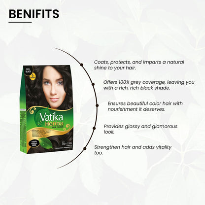 Vatika Henna Hair Colour Rich Black 100% Ammonia Free 6 x 10g Sachtes - 60g (Pack of 2)