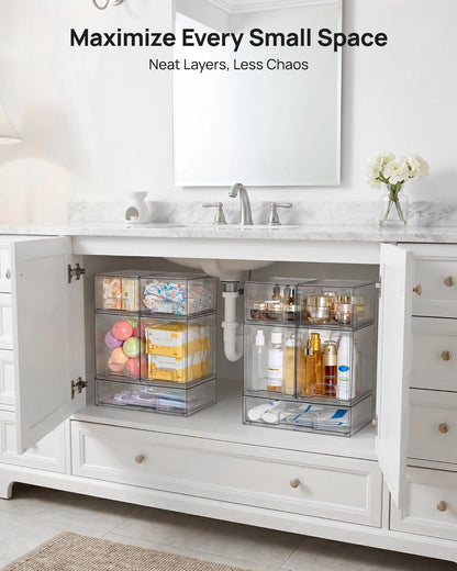 Vtopmart 5 Pack Clear Small Stackable Storage Drawers, Acrylic Bathroom Makeup Organiser, Plastic Storage Box For Vanity, Under Sink, Kitchen Cupboard, Pantry, Home Organization