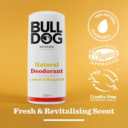 BULLDOG SKINCARE Lemon and Bergamot Roll On Natural Deodorant For Men 75 ml with Natural Fragrance Vegan Approved