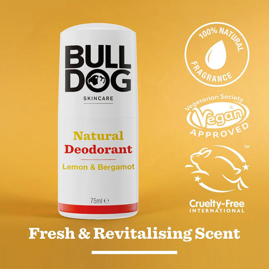 BULLDOG SKINCARE Lemon and Bergamot Roll On Natural Deodorant For Men 75 ml with Natural Fragrance Vegan Approved