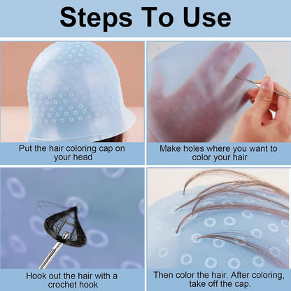 Punched Hole Silicone Highlight Hair Cap with Needle Brushes, 5 PCS Highlight Hair Cap Kit, Reusable Professional Salon Silicone Highlighting Frosting Tools for Women Men Professionals